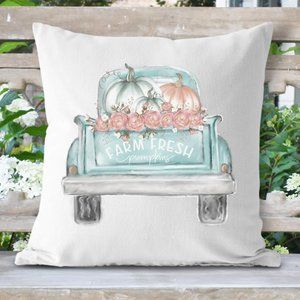 Fall Pillow Cover, Blue Pumpkin Truck, 16x16 inches, Autumn Home Decor